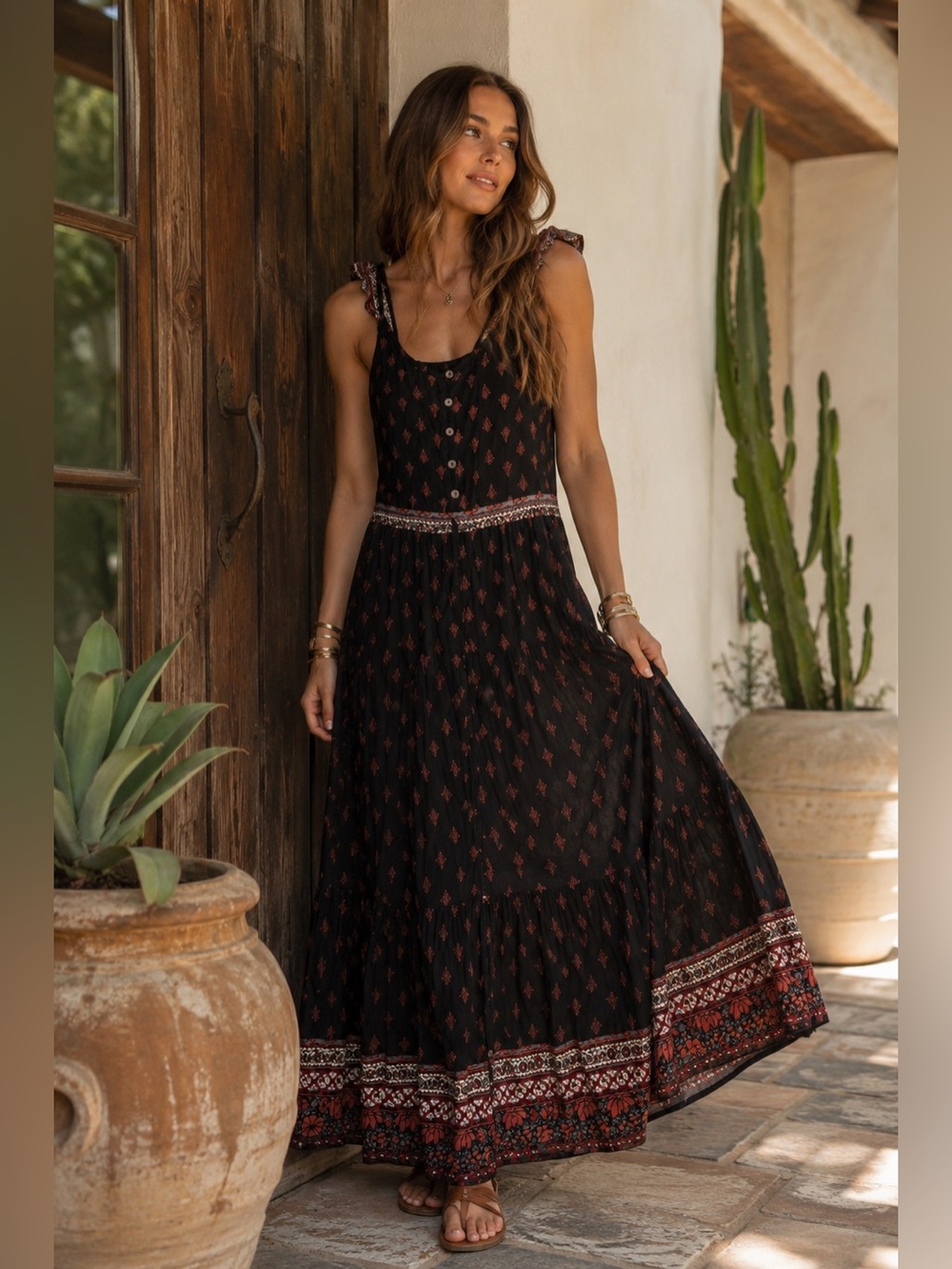RAGA Black Bohemian Maxi Dress Small Button Front Festival Prairie Boho